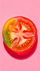 Macro shot of a slice of tomato with different color variations on a pink background. Vegetable Food photography