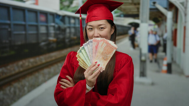 Woman wearing graduation cap holding various banknotes from philippines standing at train station outdoors smiling confidently.