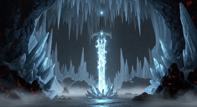 Mystical Ice Cave with Glowing Sword and Icicles Fantasy Art.