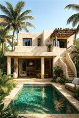 Inside of a Luxurious Tropical White Villa Mediterranean house, with swimming pool and palm trees. Hot climate. Sofas