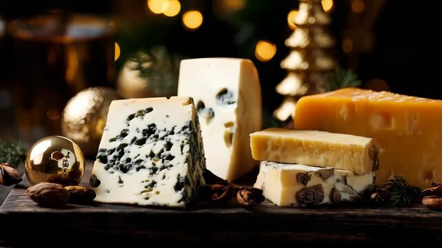Assorted gourmet cheeses displayed on wooden board with festive decorations for New Year