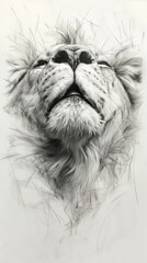 A powerful low-angle drawing of a majestic lion's head. Vertical realistic black and white pencil sketch of a wild big cat with a proud expression.