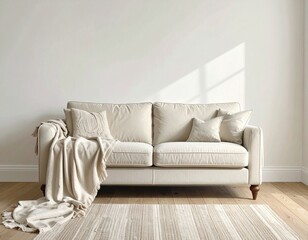 Front View of a Classic Beige Sofa and Throw on a Striped Area Rug