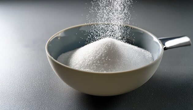 measuring spoon pouring granulated white sugar into ceramic bowl on gray background copy space - Powered by Adobe