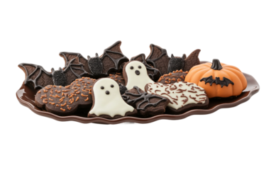 Platter of Halloween cookies shaped like bats and pumpkins showcasing festive spooky treats for autumn celebrations