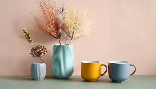 minimal colorful composition with pastel cups vases and dry flower calm clean creative modern decor