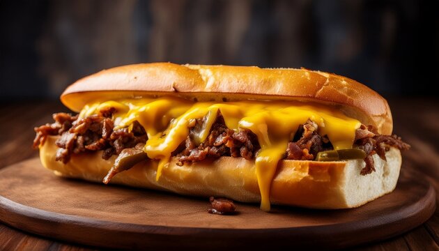 philly cheesesteak sandwich with melted cheddar cheese on hoagie roll copy space