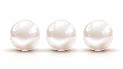 Obraz premium Three shiny white pearls in a row on a reflective surface. Luxury precious gemstone jewelry concept isolated on a white background