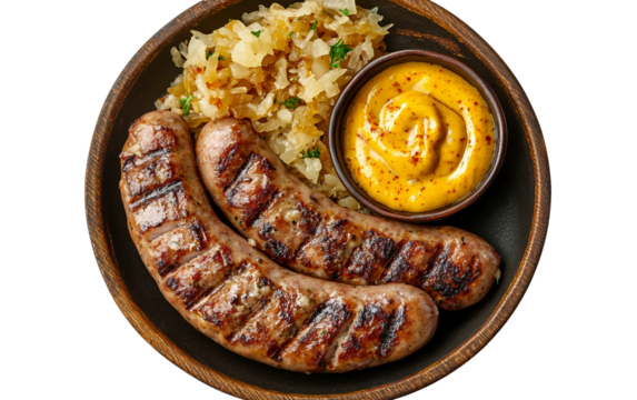 Culinary photography featuring perfectly grilled sausages accompanied by traditional condiments for appetizing visuals