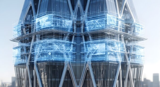 Futuristic skyscraper with glowing blue digital data overlays, representing smart city, technology, and innovation - Powered by Adobe