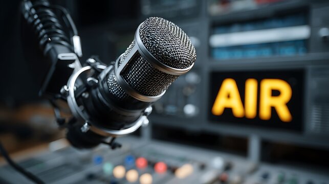 Professional microphone and on air sign in radio station studio setting.
