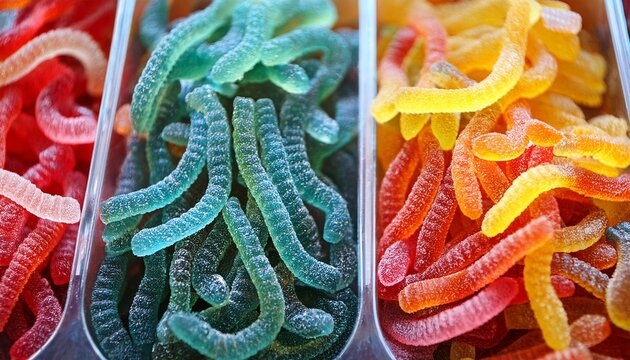 colorful gummy candy jelly worms close up gummy candy jelly worms colorful close up sweets treat snack sugary - Powered by Adobe