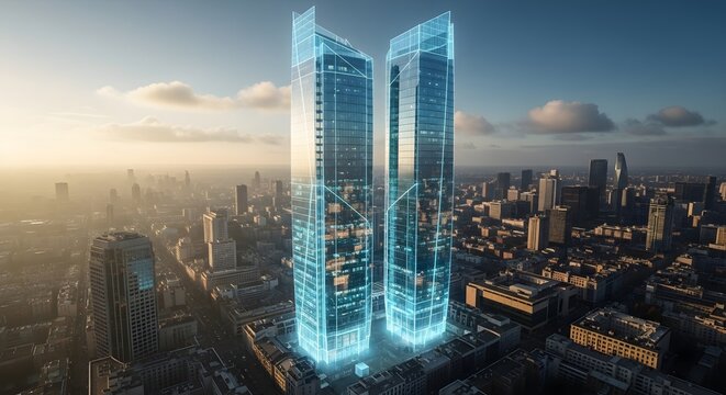 Futuristic Twin Skyscrapers with Neon Blue Digital Overlay in Modern Cityscape at Dusk - Powered by Adobe