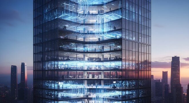 Futuristic Skyscraper with Glowing Blue Digital Network Inside, Representing Technology and Data Flow - Powered by Adobe