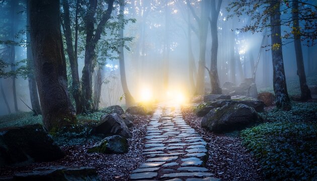 deep forest legend mysterious forest path with illuminated stones guiding through fog covered trees - Powered by Adobe