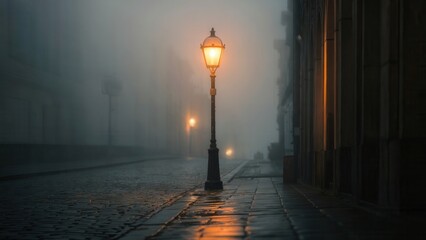 Eerie street scene with glowing vintage lamppost in dense fog on a cobblestone road