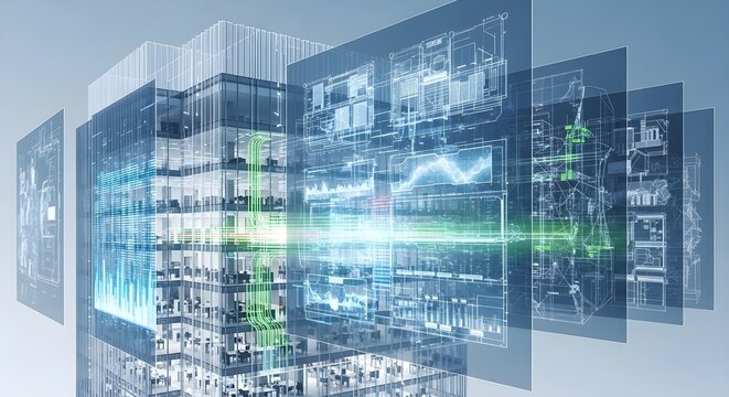 Futuristic Digital Data Center Building with Glowing Green Energy Flow and Blue Data Visualizations