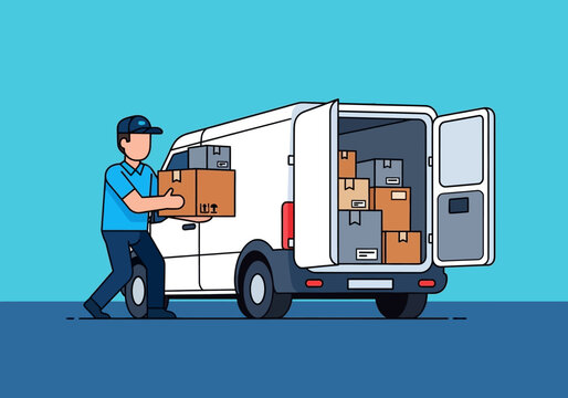 Delivery Man Unloading Boxes from a White Van with Open Doors