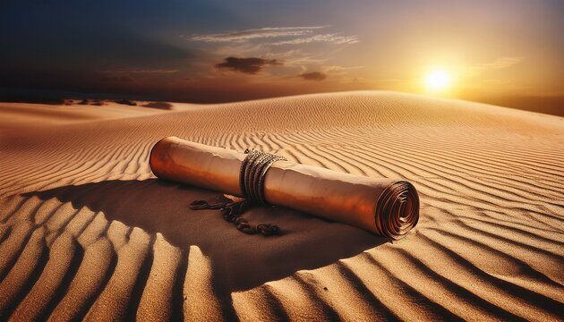 unknown frontiers ancient scroll resting on sand evoking a sense of history and mystery