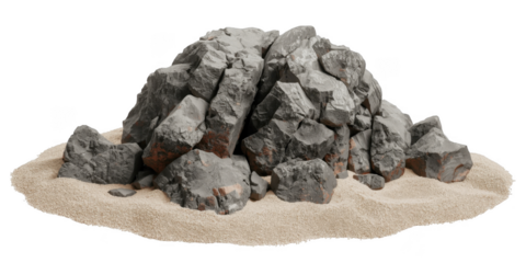 Pile of gray rocks on sand isolated on transparent background, perfect for landscaping