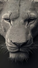 A lion's face created with an abstract linear pattern. Monochrome close-up portrait with a 3d texture effect and optical illusion.