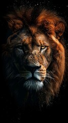 Fototapeta premium Majestic portrait of a powerful male lion with an intense gaze. Vertical photo of a wild king with a scarred face on a dark black background. Symbol of strength and courage