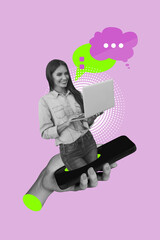 Vertical 3d poster art collage of happy girl guy hold phone laptop send message bubble communication interface sms chatting