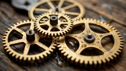 Close-up of vintage brass gears and cogs meshing together on a rustic wooden surface