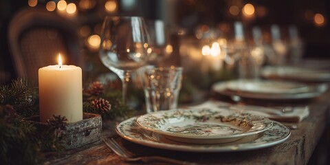 Naklejka premium Rustic wooden table decorated for Christmas dinner, with candles, pine branches and elegant place settings. Celebration and tradition.