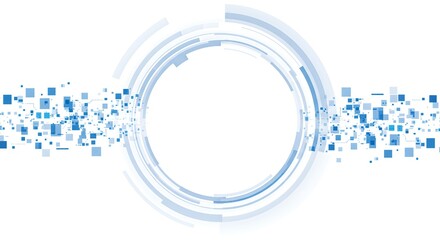 Obraz premium Dynamic digital abstract background with glowing blue geometric shapes and circular data streams, representing futuristic technology and information flow for modern innovation