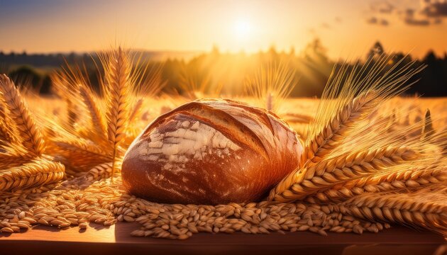 a loaf of bread surrounded by floating grains and golden wheat illuminated by warm sunlight creating a serene and inviting atmosphere