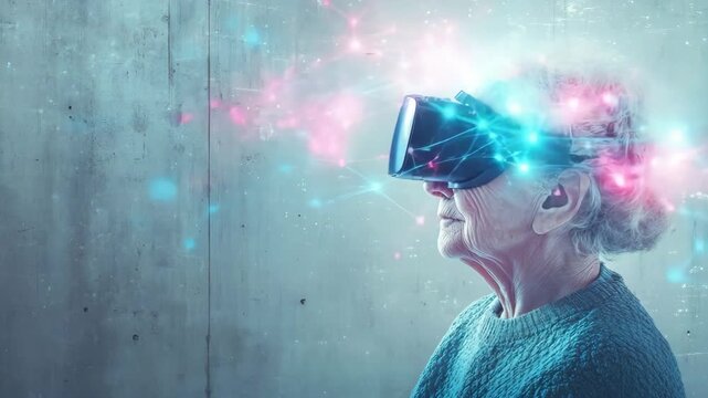 Senior woman experiences virtual reality, showcasing immersive technology and emotional engagement