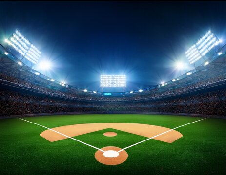 baseball field illuminated at night under the lights night baseball field sport game competition stadium lights evening