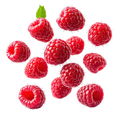 Juicy red raspberries floating on a dark background with a green leaf