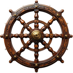 Intricate wood ship's wheel with ornate detailing, brass accents