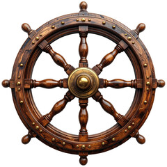 Wooden ship wheel with brass accents and eight symmetrical spokes