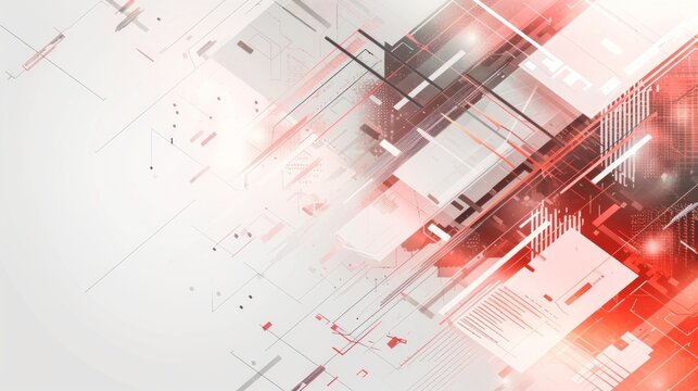 Abstract red technology background with geometric shapes. Futuristic digital illustration of data communication and network systems. High-tech science concept with copy space