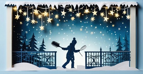 Silhouette depicts chimney sweep working outside snowy window. Festive lights, stars create winter scene. Papercraft style illustration.