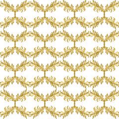 Golden vintage vignettes on a seamless pattern isolated on a white background. Watercolor template for Christmas, wedding decor, invitations, greeting, textile, tablecloths, table runners, home decor