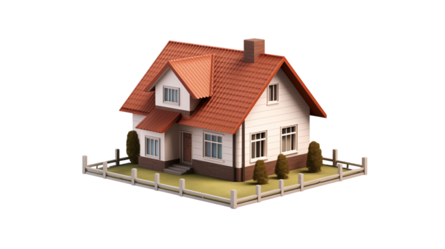 A charming house with a red roof and a white facade, isolated on transparent background, symbolizes home, family, and the security of owning a property