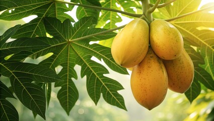 Golden papaya fruits hanging ripe on the tree with lush green leaves bathed in sunlight ready for a tropical healthy snack or smoothie