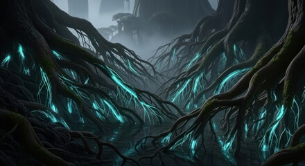 Fototapeta premium Eerie Glowing Roots in a Misty, Dark Fantasy Landscape.