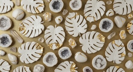 flat lay pattern white ceramic monstera leaves geodes crystals gold foil accents sand background. tropical beach vibe texture for spa branding summer marketing jewelry display or chic wallpaper.