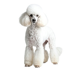 Elegant, poised white poodle standing on a black background