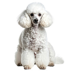 Elegant White curly haired poodle sitting and looking forward