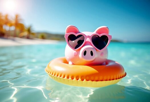 Close up of pink piggy bank with sunglasses and hat, sunny day sandy coast, summer vacation at sea beach or pool background. saving money concept
