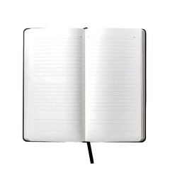 Opened lined notebook lays flat against solid black background