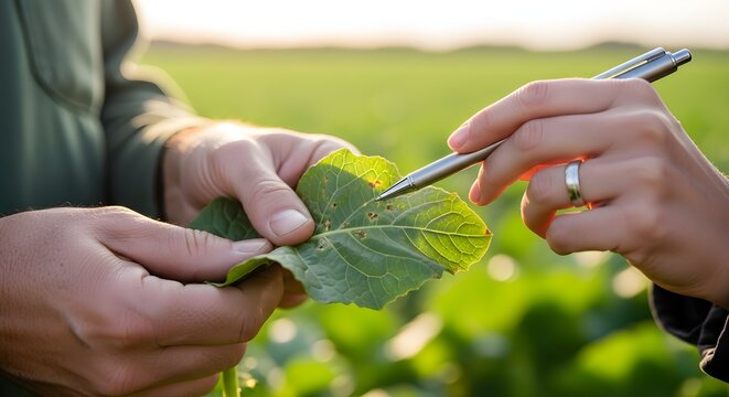Agronomist Examining Crop Leaf for Pest Damage in Green Field