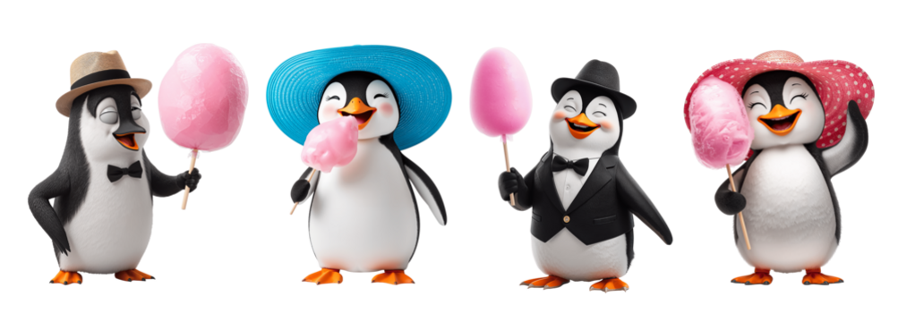 Playful cartoon penguin in a hat with cotton candy on a stick isolated on transparent background
