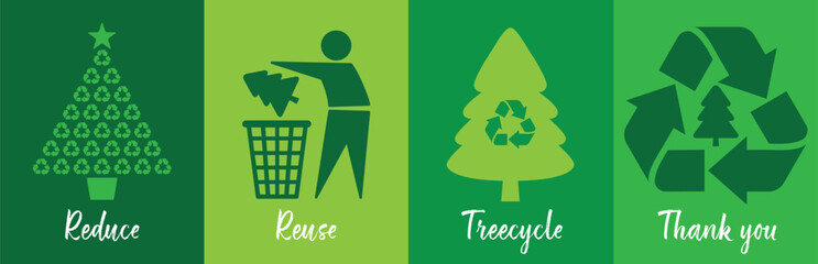 Green holiday recycling message with festive tree icons encouraging sustainable Christmas tree recycling